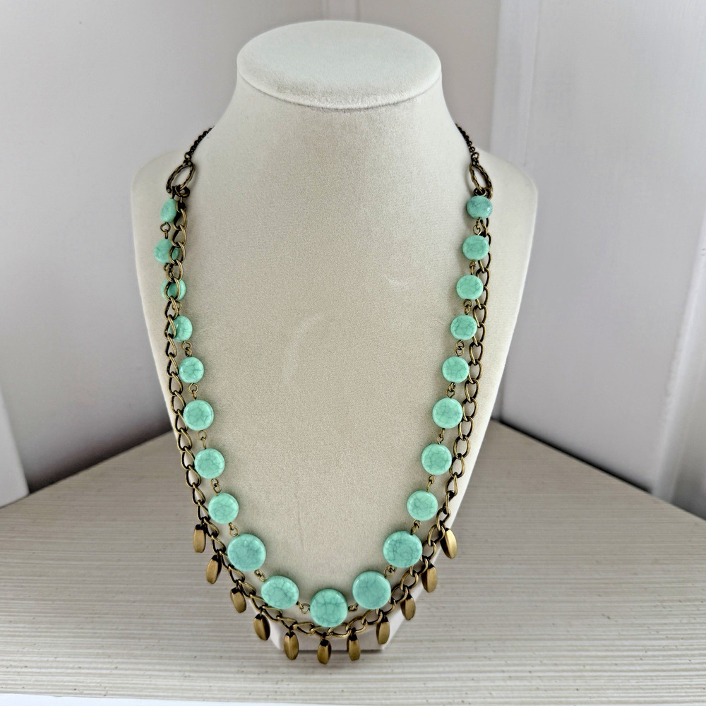 VTG Avon SHB Brass Gold Tone Double Strand Mint Blue Turquoise Bead Necklace